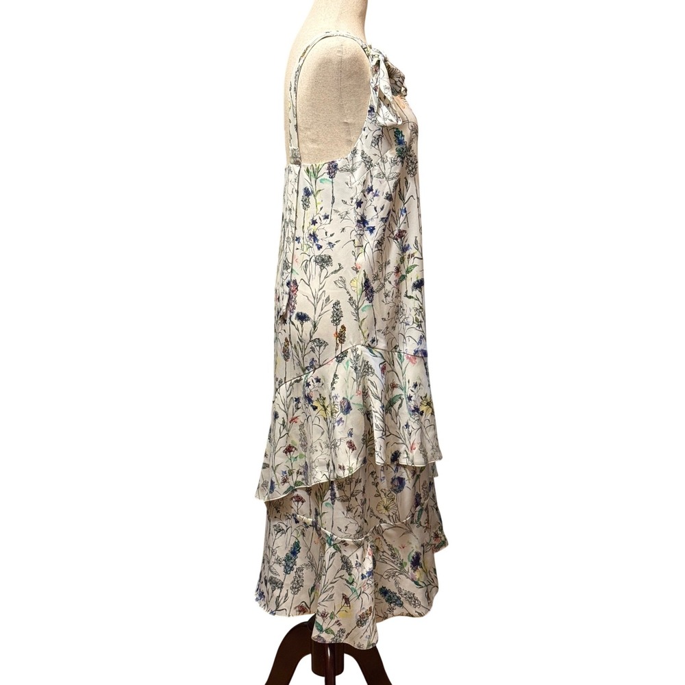 HM Womens‎ Floral Midi Dress Size 8 Cream Botanical Tie Shoulder Tiered Ruffle - Picture 2 of 7